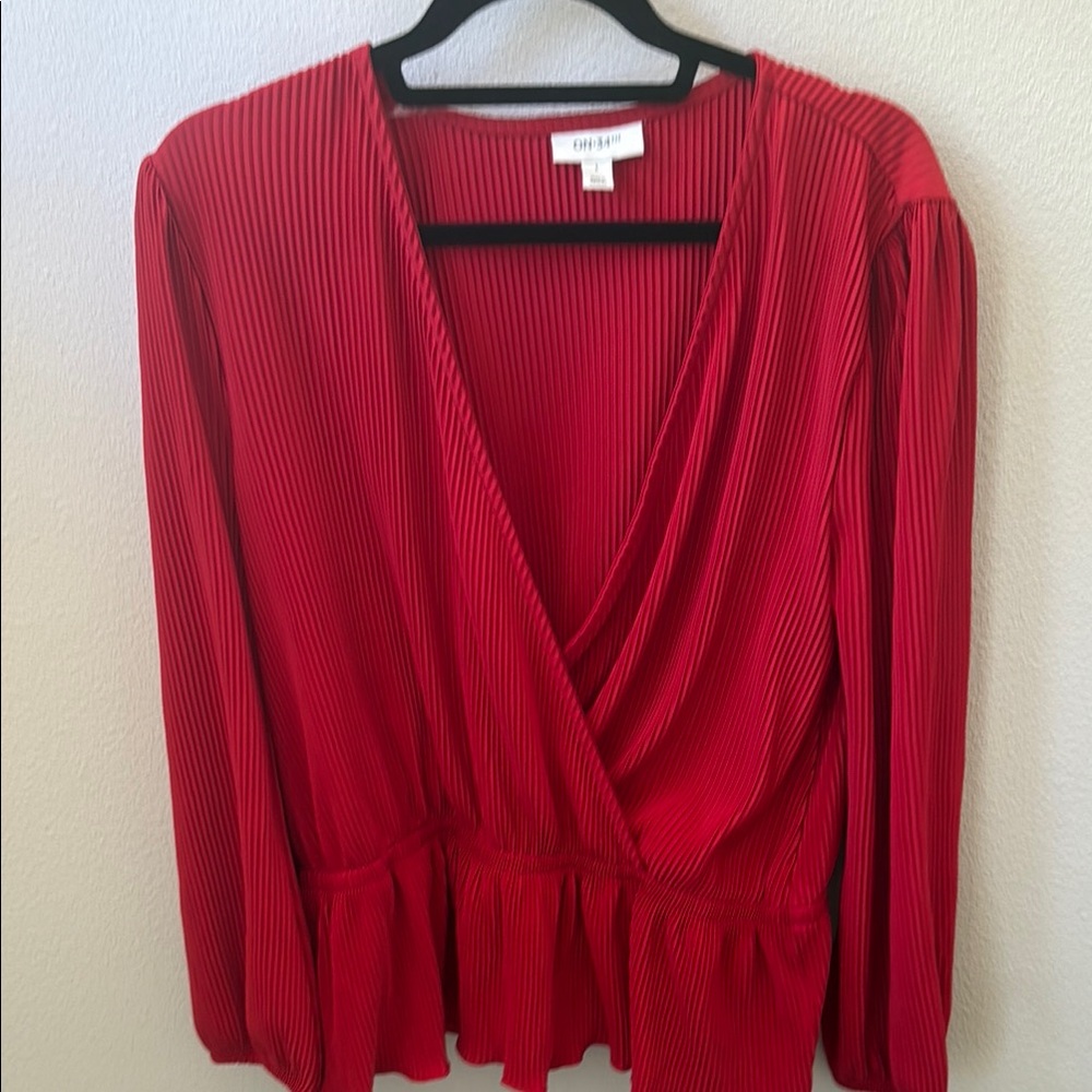 Red 3/4 Sleeve Wrap Peplum Blouse